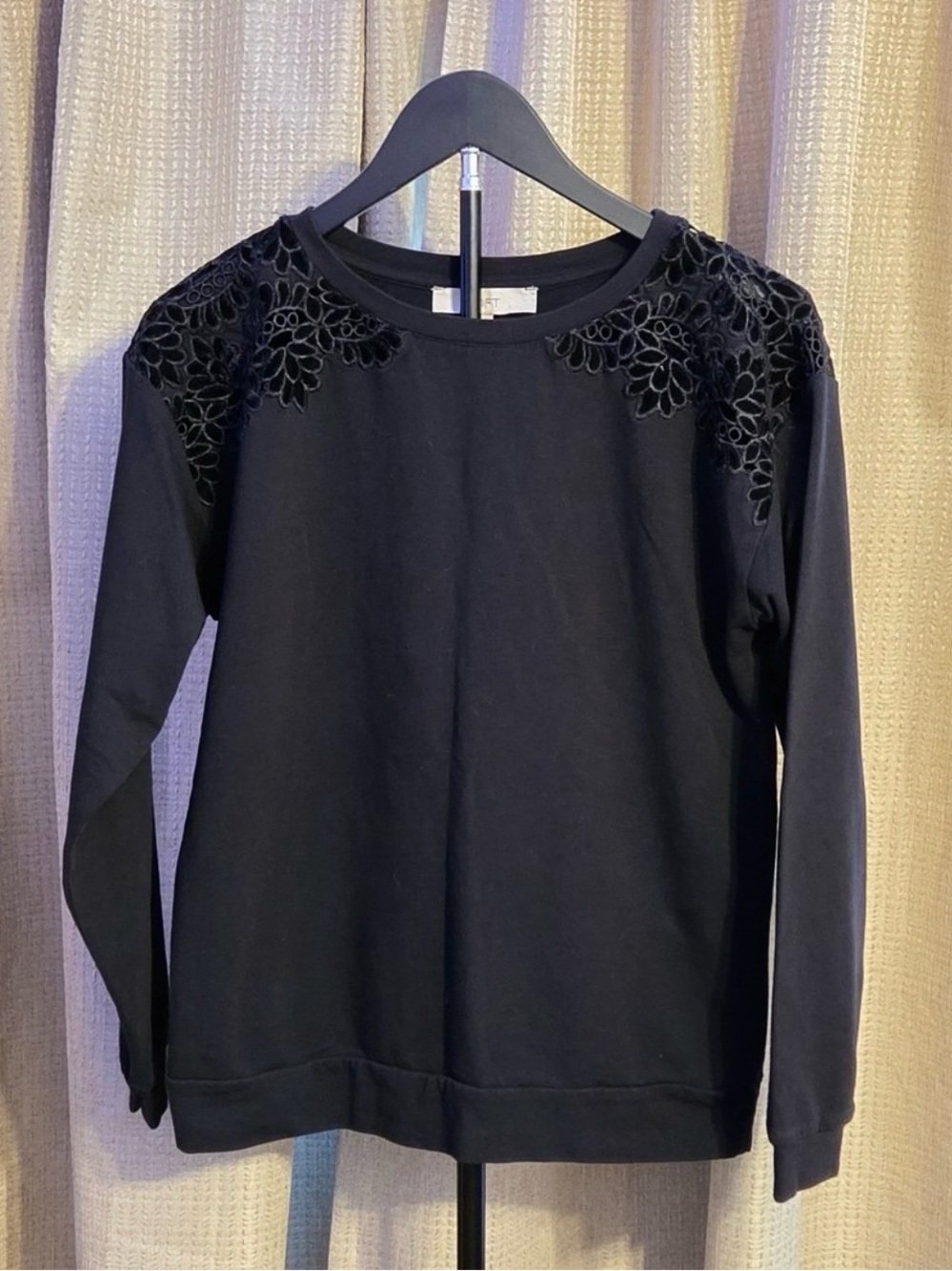LOFT Black Long-Sleeve Top with Floral Lace Shoulder Insets